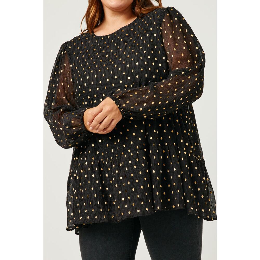 HAYDEN Goldie Black Babydoll Metallic Dot Tiered Tunic Top Plus 3XL